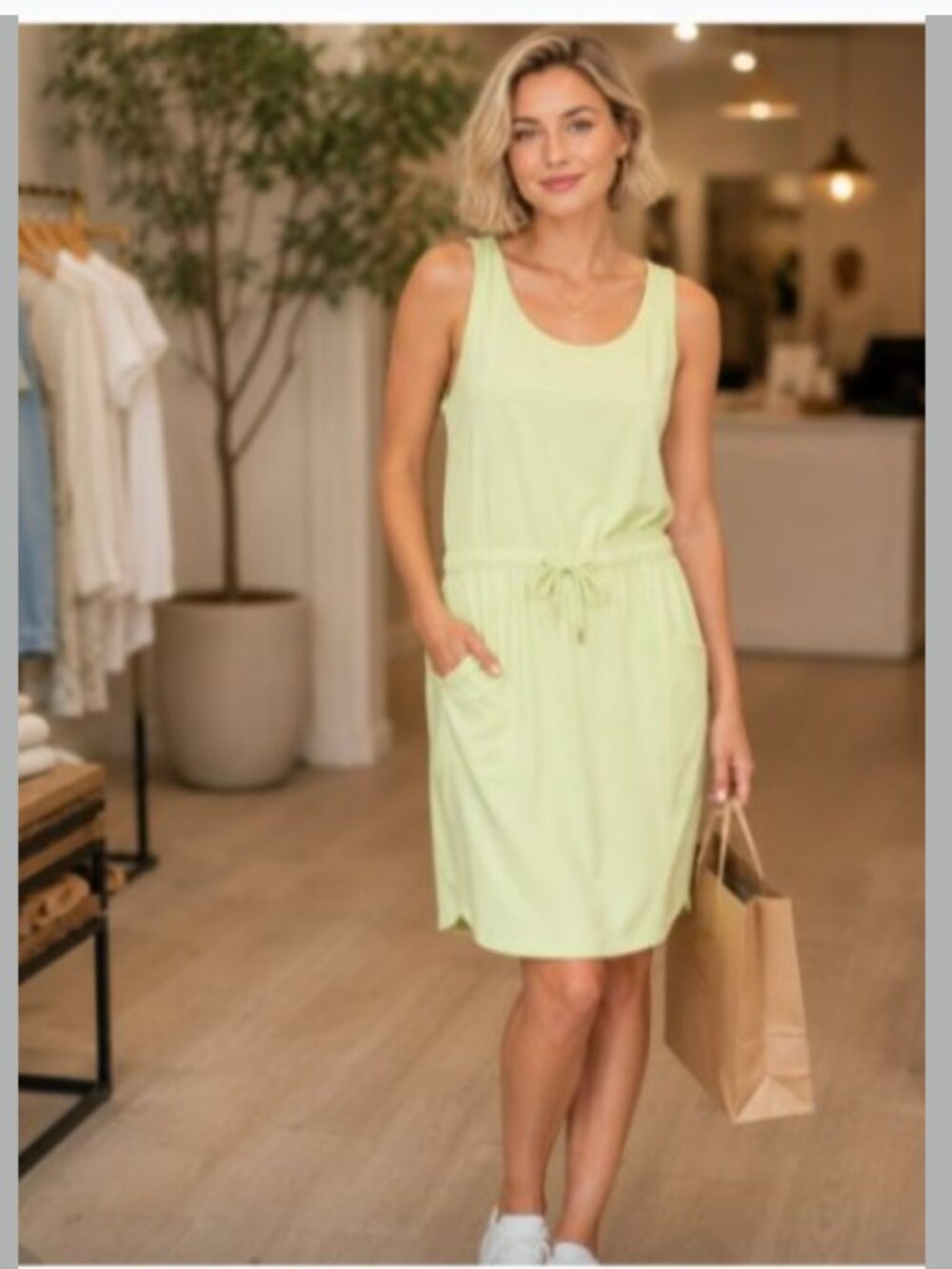 Tek Gear Womens Small Lime Green Sleeveless Dress Drawstring Waist Travel Casual